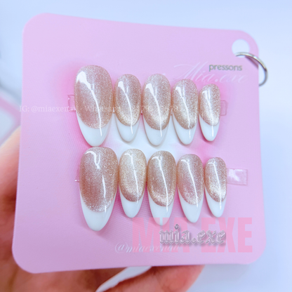 Press on Nails | Pink & Peach Cat Eye with Shimmering Magnetic Glow, Daily Nail Style, Almond Shape, Medium Length Luxury Handmade Fake Nails