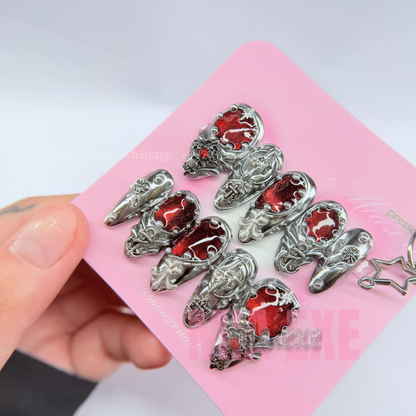 Handmade Gothic Red & Silver 3D Charm Press-on Nails