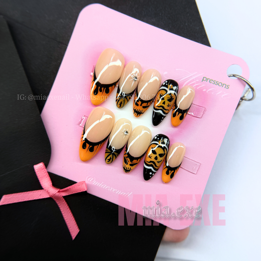 Press on Nails | Spooky Halloween Ghostface & Spiderweb Art, Stiletto Shape, Medium Length Luxury Handmade Fake Nails