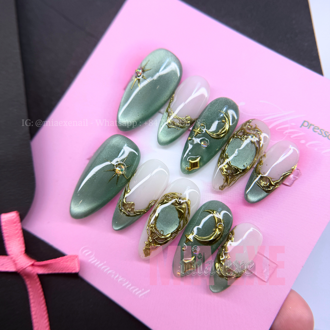 Press on Nails | Celestial Cat Eye with 3D Gold Chrome Baroque Art, Stiletto Shape, Medium Length Luxury Handmade Fake Nails