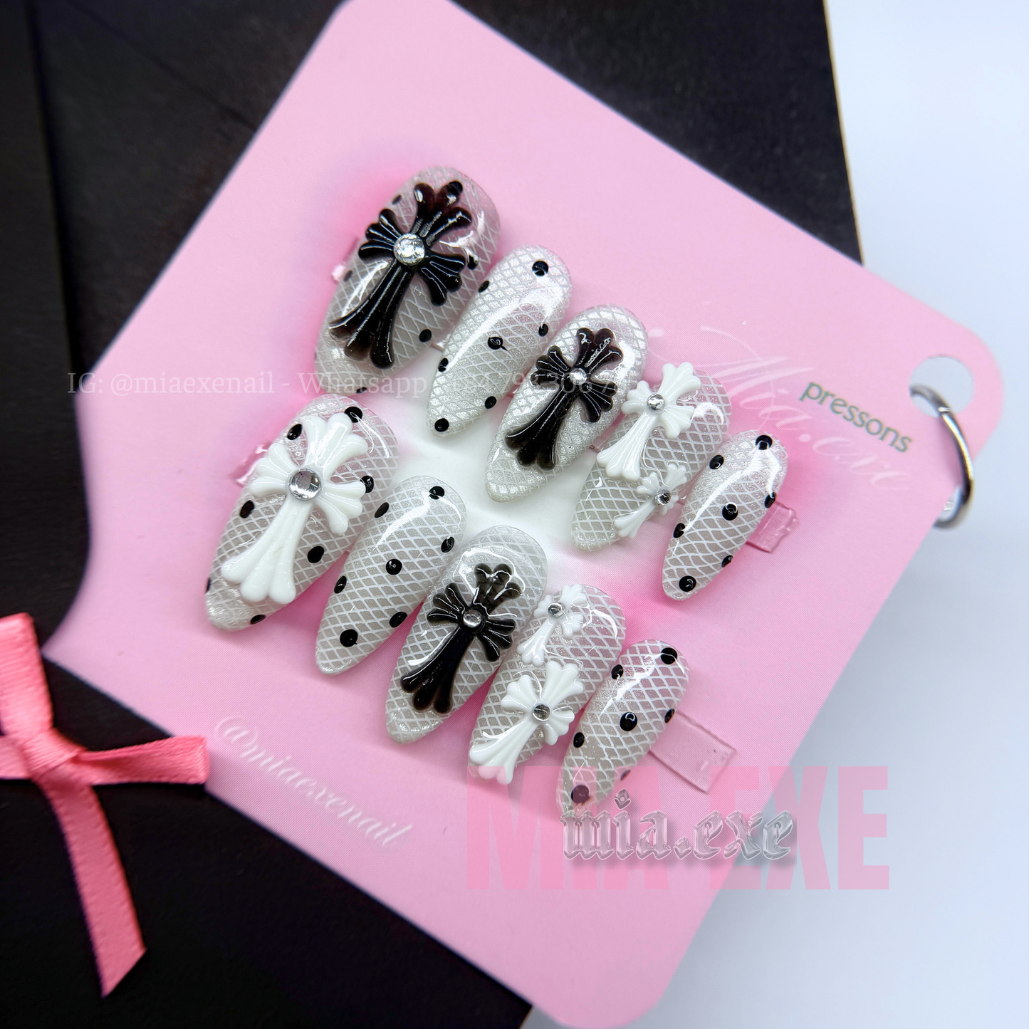 Press on Nails | White Lace Pattern with 3D Pink Bow & Pearl Accents, Daily Nail Style, Stiletto Shape, Medium Length Luxury Handmade Fake Nails