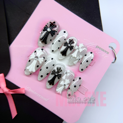 Press on Nails | White Lace Pattern with 3D Pink Bow & Pearl Accents, Daily Nail Style, Stiletto Shape, Medium Length Luxury Handmade Fake Nails
