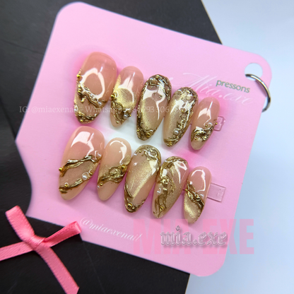 Press on Nails | Nude Cat Eye with Gold Swirl Lines & Pearl Accents, Daily Nail Style, Almond Shape, Medium Length Luxury Handmade Fake Nails
