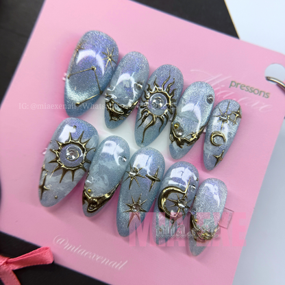 Press on Nails | Purple & Blue Cat Eye with Celestial Star & Moon Accents, Stiletto Shape, Medium Length Luxury Handmade Fake Nails