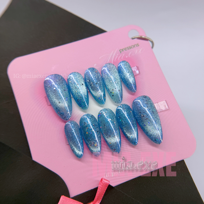 Press on Nails | Ocean Blue Cat Eye with Shimmering Magnetic Glow, Daily Nail Style, Almond Shape, Medium Length Luxury Handmade Fake Nails