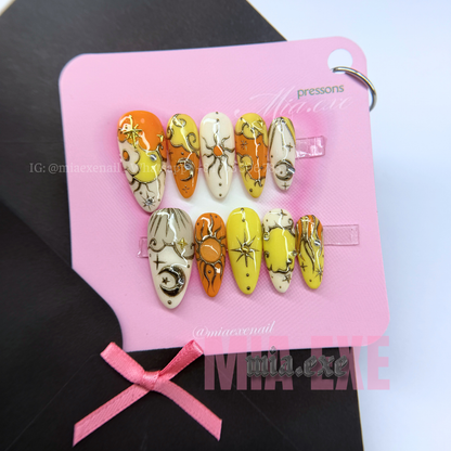 Press on Nails | Celestial Cat Eye with 3D Gold Chrome Baroque Art, Stiletto Shape, Medium Length Luxury Handmade Fake Nails