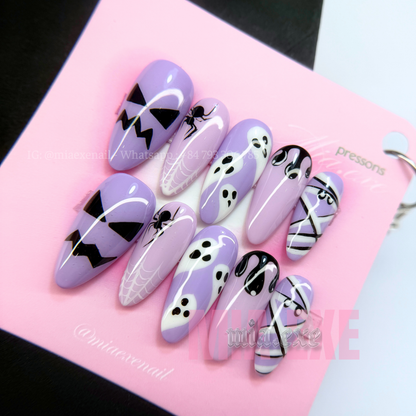 Press on Nails | Spooky Purple Halloween Art, Medium Almond Shape, Luxury Handmade Fake Nails