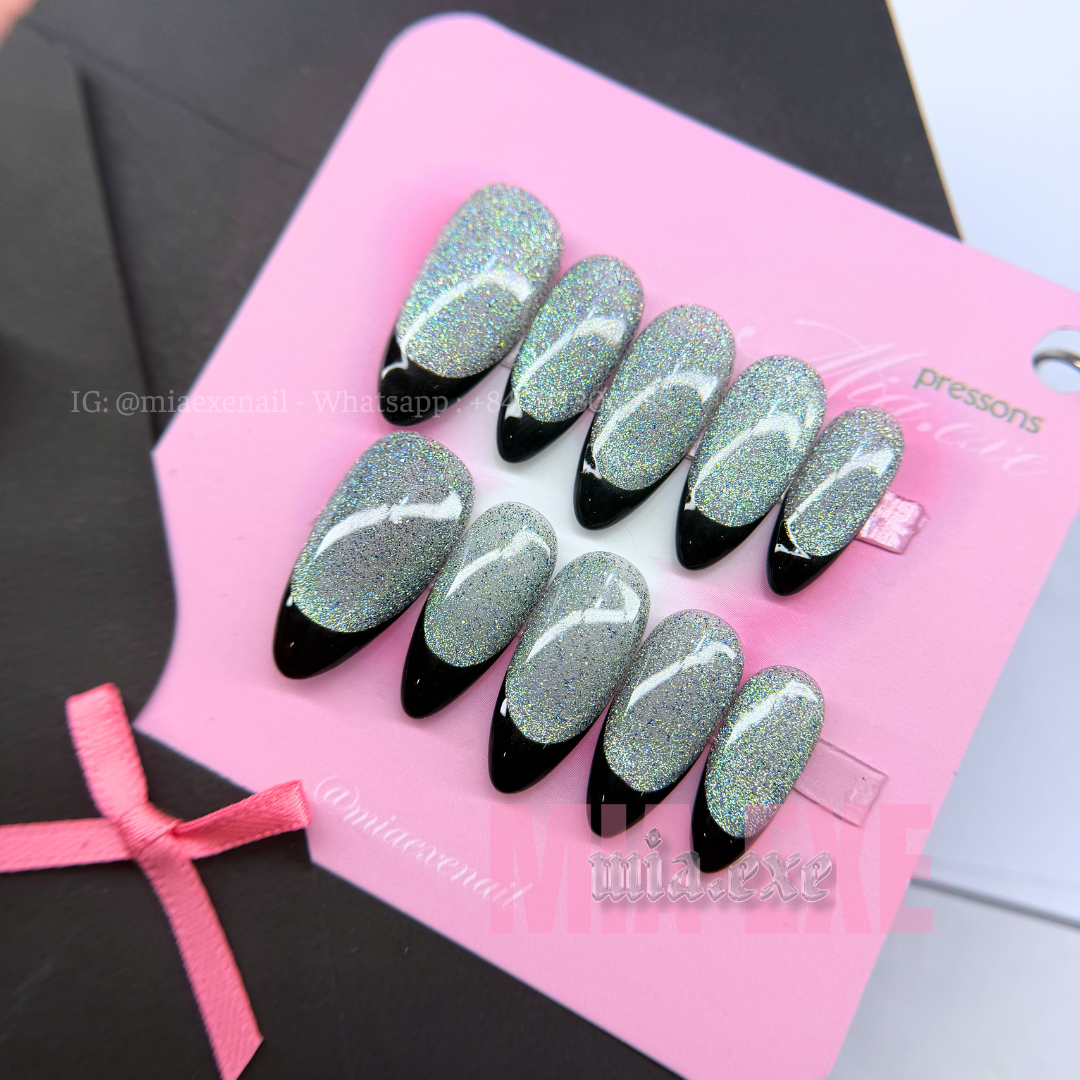 Press on Nails | Cat Eye with Black French Tip, Daily Nail Style, Almond Shape, Medium Length Luxury Handmade Fake Nails