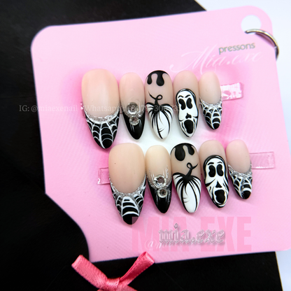 Press on Nails | Matte Spooky Halloween Ghostface & Spiderweb Art, Stiletto Shape, Medium Length Luxury Handmade Fake Nails