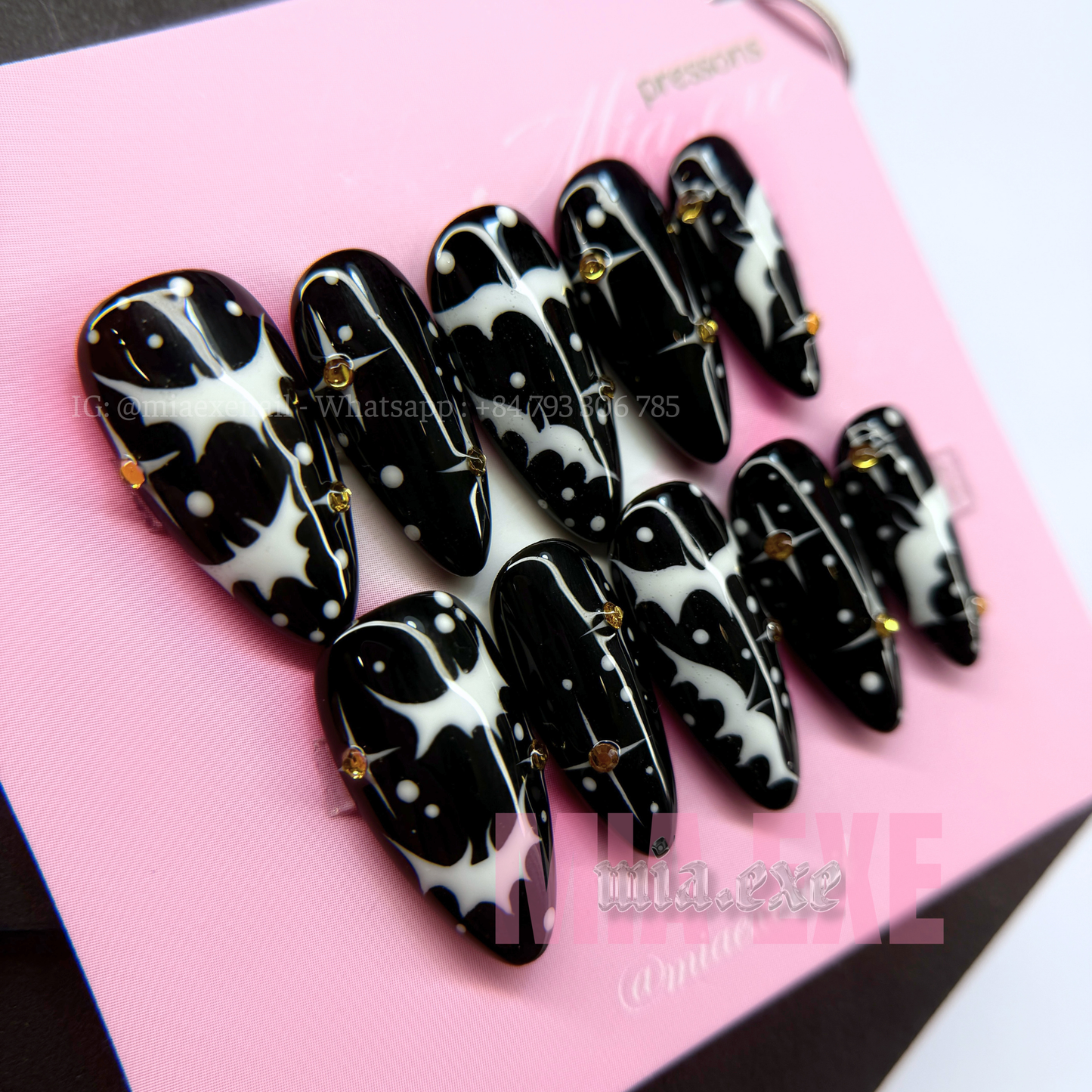 Press on Nails | Spooky Black Halloween Art, Medium Almond Shape, Luxury Handmade Fake Nails