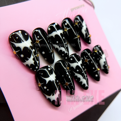 Press on Nails | Spooky Black Halloween Art, Medium Almond Shape, Luxury Handmade Fake Nails