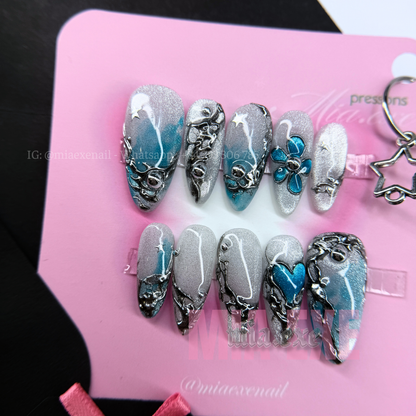 Press on Nails | Silver Cat Eye with Gothic Metal Art & Blue Gem Accents, Daily Nail Style, Almond Shape, Medium Length Luxury Handmade Fake Nails