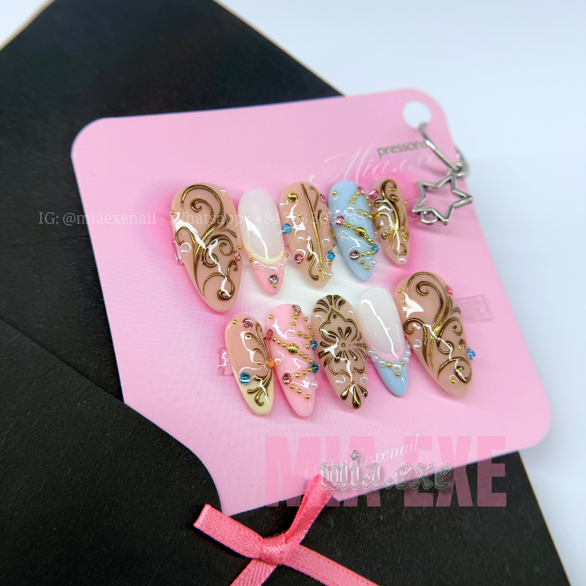 Press on Nails | Pastel & Shimmer Cat Eye with Gold Chain & Gem Accents, Daily Nail Style, Almond Shape, Medium Length Luxury Handmade Fake Nails