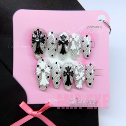 Press on Nails | Black & White Lace with 3D Gothic Cross Charms, Daily Nail Style, Stiletto Shape, Medium Length Luxury Handmade Fake Nails