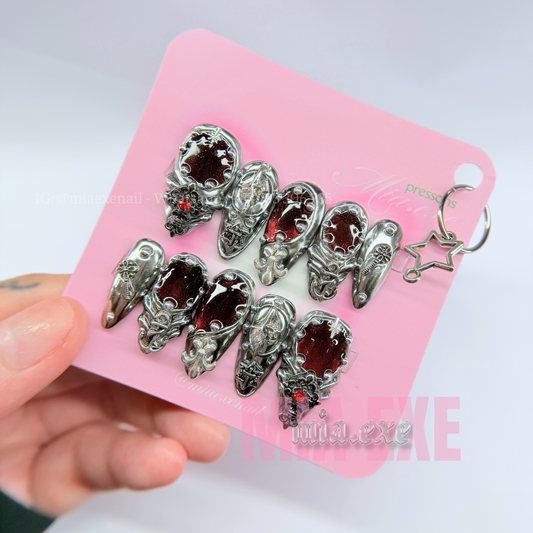 Handmade Gothic Red & Silver 3D Charm Press-on Nails