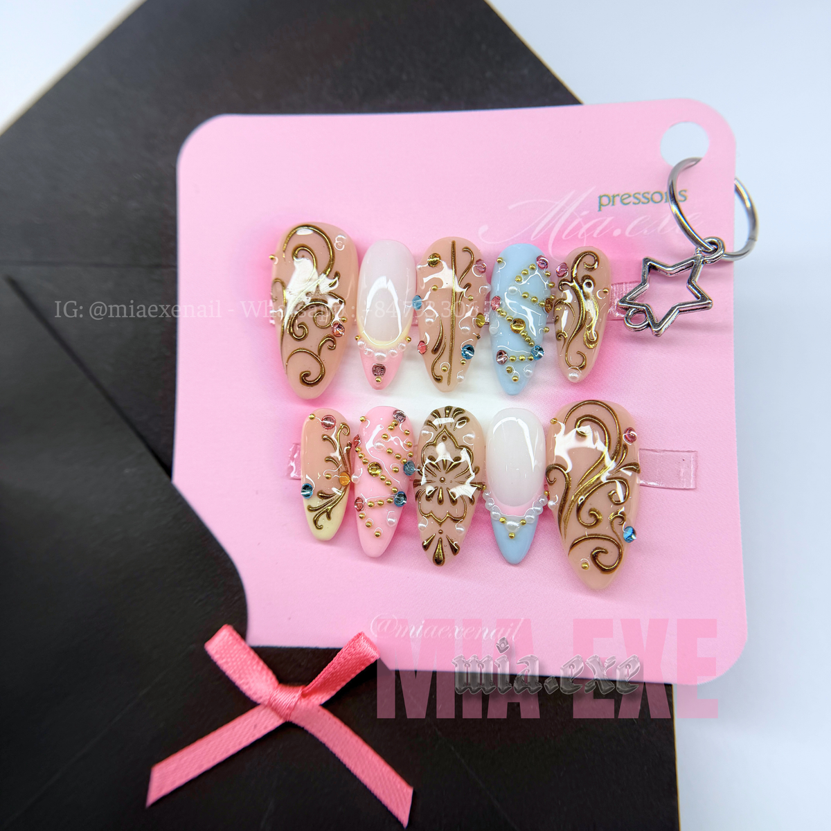 Press on Nails | Pastel & Shimmer Cat Eye with Gold Chain & Gem Accents, Daily Nail Style, Almond Shape, Medium Length Luxury Handmade Fake Nails