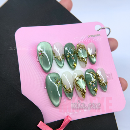 Press on Nails | Celestial Cat Eye with 3D Gold Chrome Baroque Art, Stiletto Shape, Medium Length Luxury Handmade Fake Nails