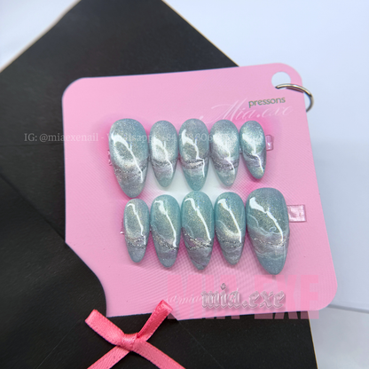 Press on Nails | Cat Eye with Pearlescent Alcohol Ink Marble Effect, Daily Nail Style, Almond Shape, Medium Length Luxury Handmade Fake Nails