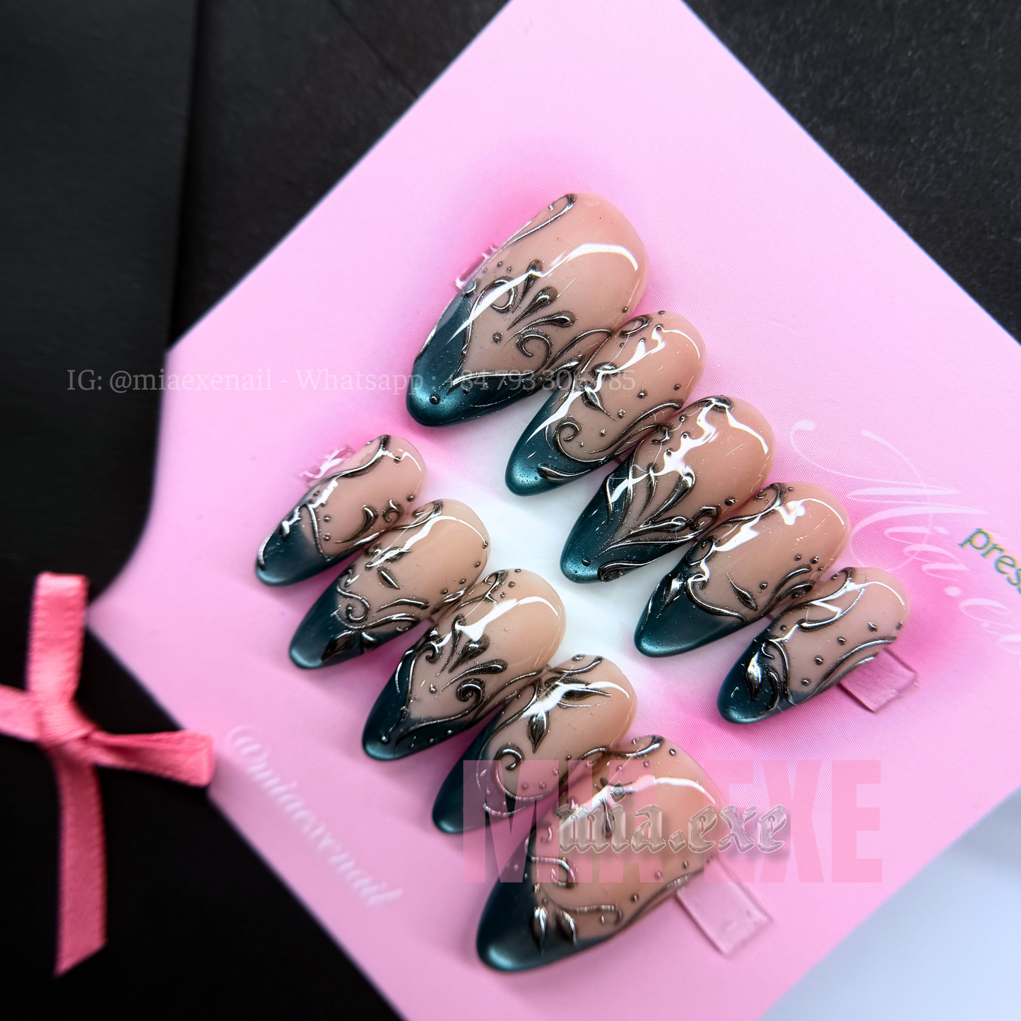 Press on Nails | Teal Cat Eye with Metallic Scroll Art, Daily Nail Style, Almond Shape, Medium Length Luxury Handmade Fake Nails