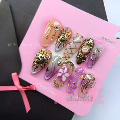 Press on Nails | Sun & Shimmer Cat Eye with Gold Charm & Mesh Art, Daily Nail Style, Stiletto Shape, Medium Length Luxury Handmade Fake Nails