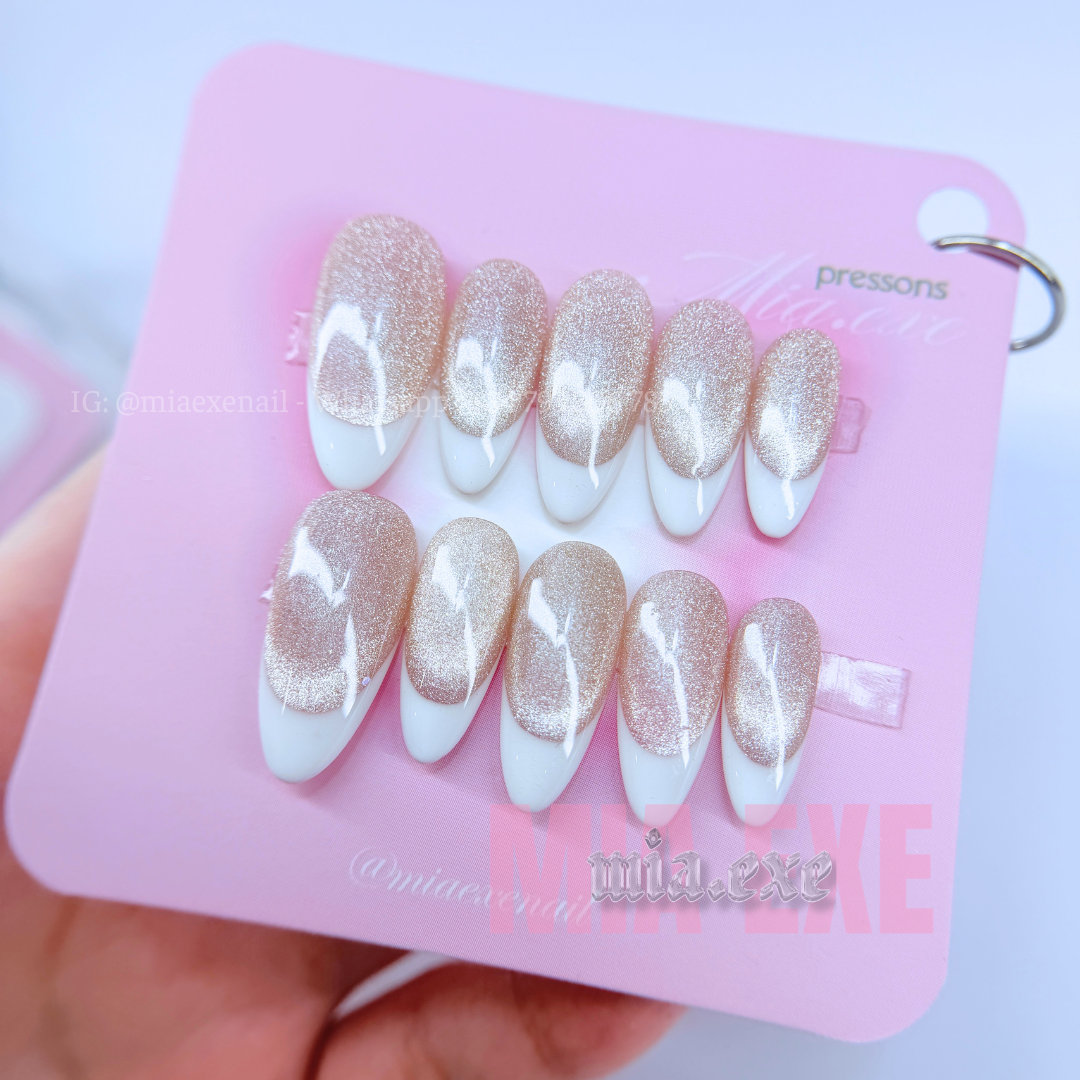 Press on Nails | Pink & Peach Cat Eye with Shimmering Magnetic Glow, Daily Nail Style, Almond Shape, Medium Length Luxury Handmade Fake Nails