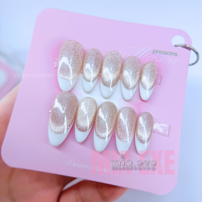 Press on Nails | Pink & Peach Cat Eye with Shimmering Magnetic Glow, Daily Nail Style, Almond Shape, Medium Length Luxury Handmade Fake Nails
