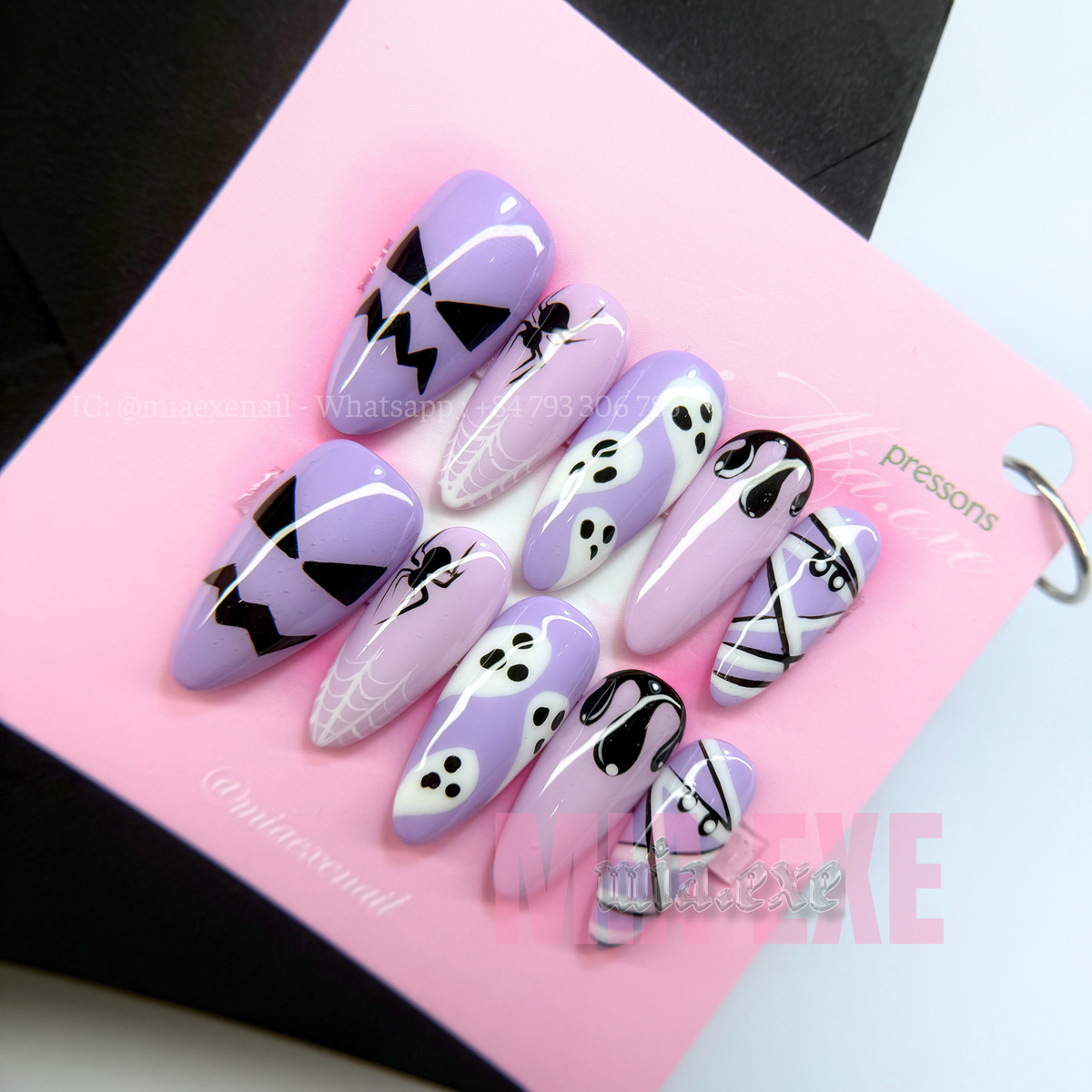 Press on Nails | Spooky Purple Halloween Art, Medium Almond Shape, Luxury Handmade Fake Nails