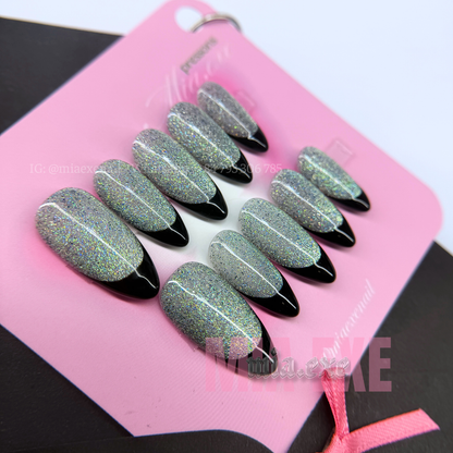 Press on Nails | Cat Eye with Black French Tip, Daily Nail Style, Almond Shape, Medium Length Luxury Handmade Fake Nails