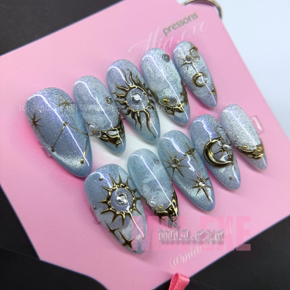 Press on Nails | Purple & Blue Cat Eye with Celestial Star & Moon Accents, Stiletto Shape, Medium Length Luxury Handmade Fake Nails