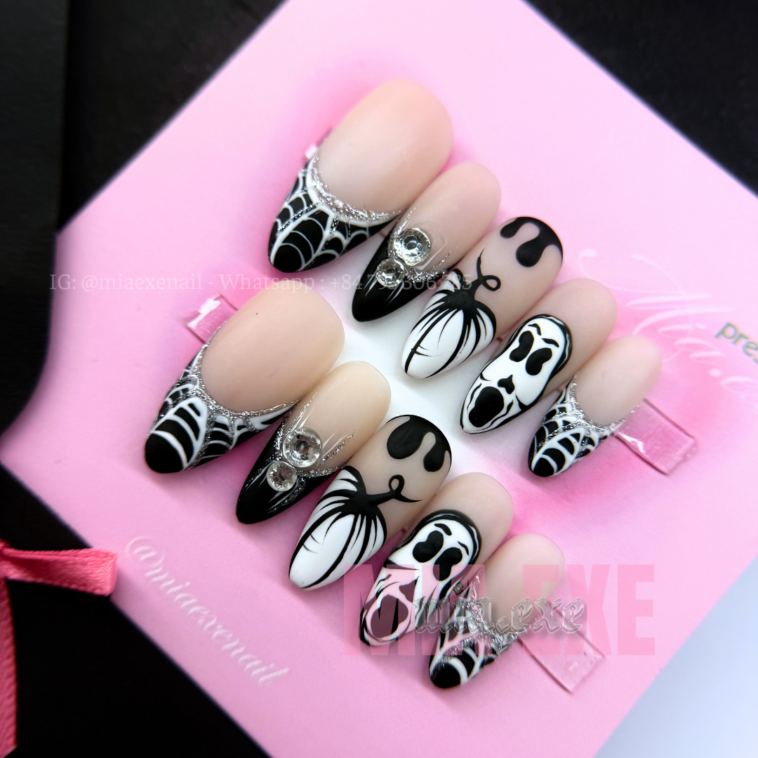 Press on Nails | Matte Spooky Halloween Ghostface & Spiderweb Art, Stiletto Shape, Medium Length Luxury Handmade Fake Nails