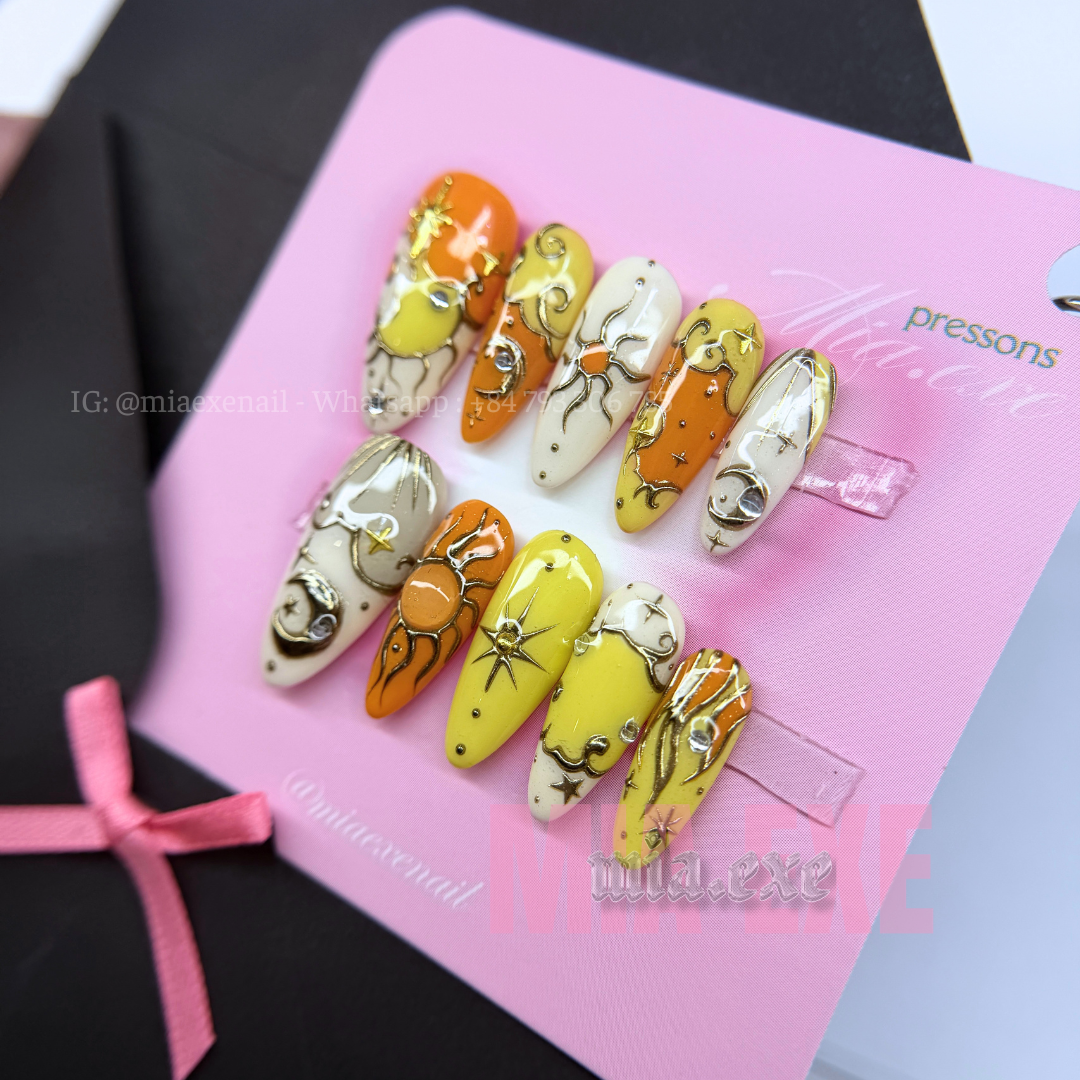 Press on Nails | Celestial Cat Eye with 3D Gold Chrome Baroque Art, Stiletto Shape, Medium Length Luxury Handmade Fake Nails