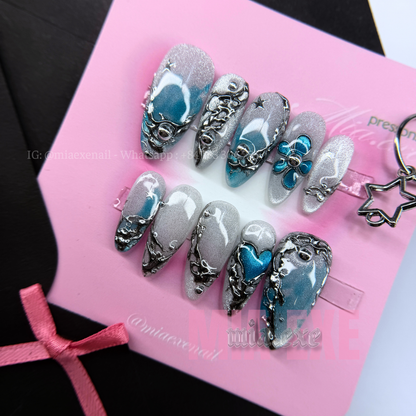 Press on Nails | Silver Cat Eye with Gothic Metal Art & Blue Gem Accents, Daily Nail Style, Almond Shape, Medium Length Luxury Handmade Fake Nails