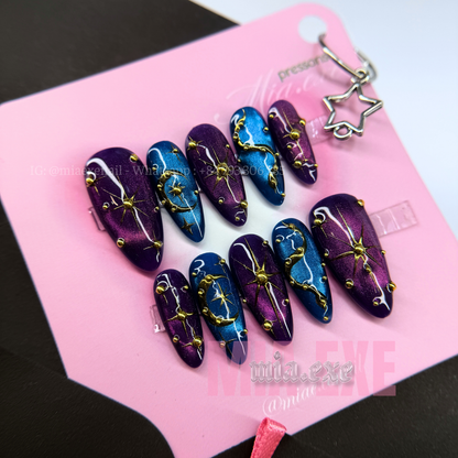 Press on Nails | Purple & Blue Cat Eye with Celestial Star & Moon Accents, Daily Nail Style, Stiletto Shape, Medium Length Luxury Handmade Fake Nails