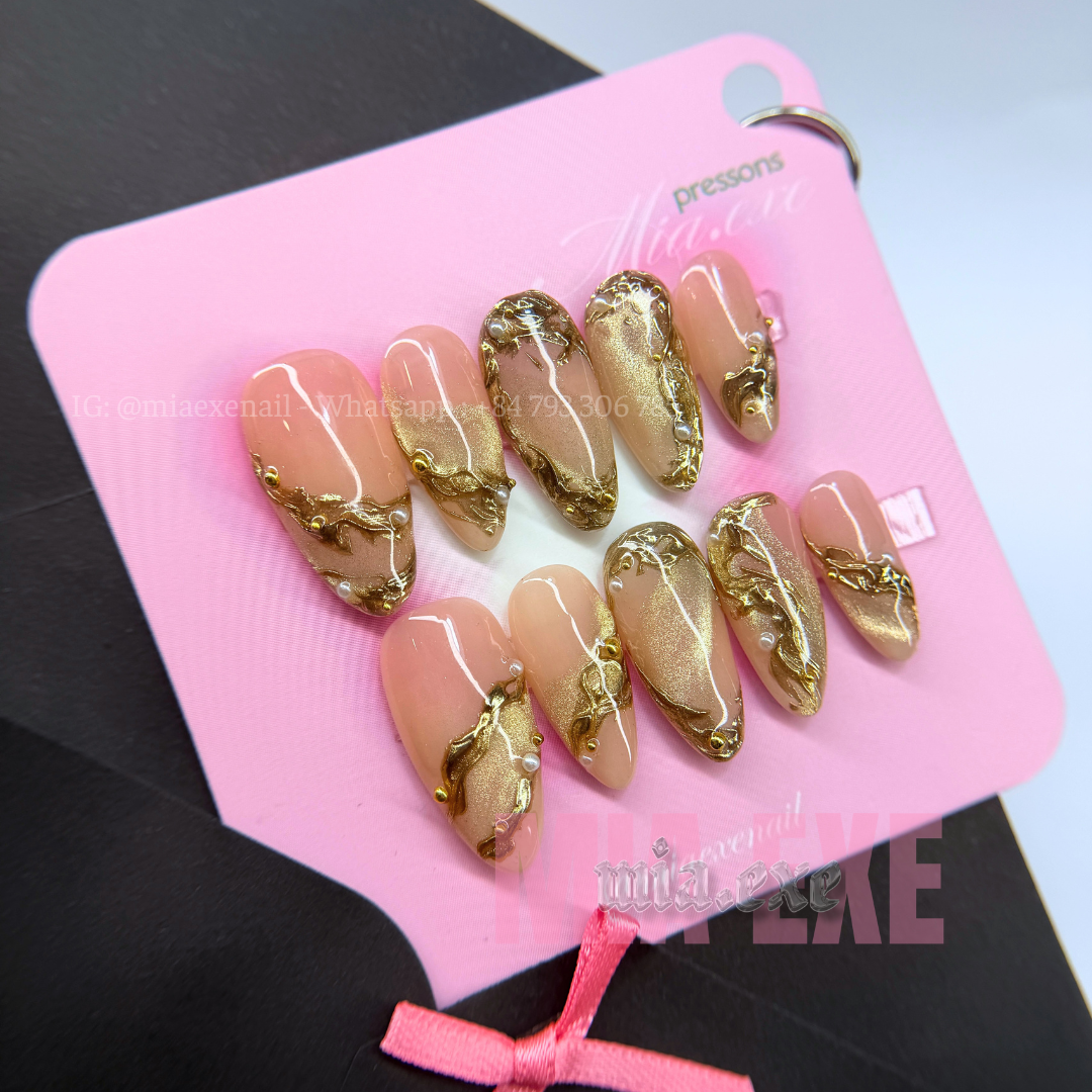 Press on Nails | Nude Cat Eye with Gold Swirl Lines & Pearl Accents, Daily Nail Style, Almond Shape, Medium Length Luxury Handmade Fake Nails