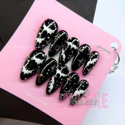 Press on Nails | Spooky Black Halloween Art, Medium Almond Shape, Luxury Handmade Fake Nails