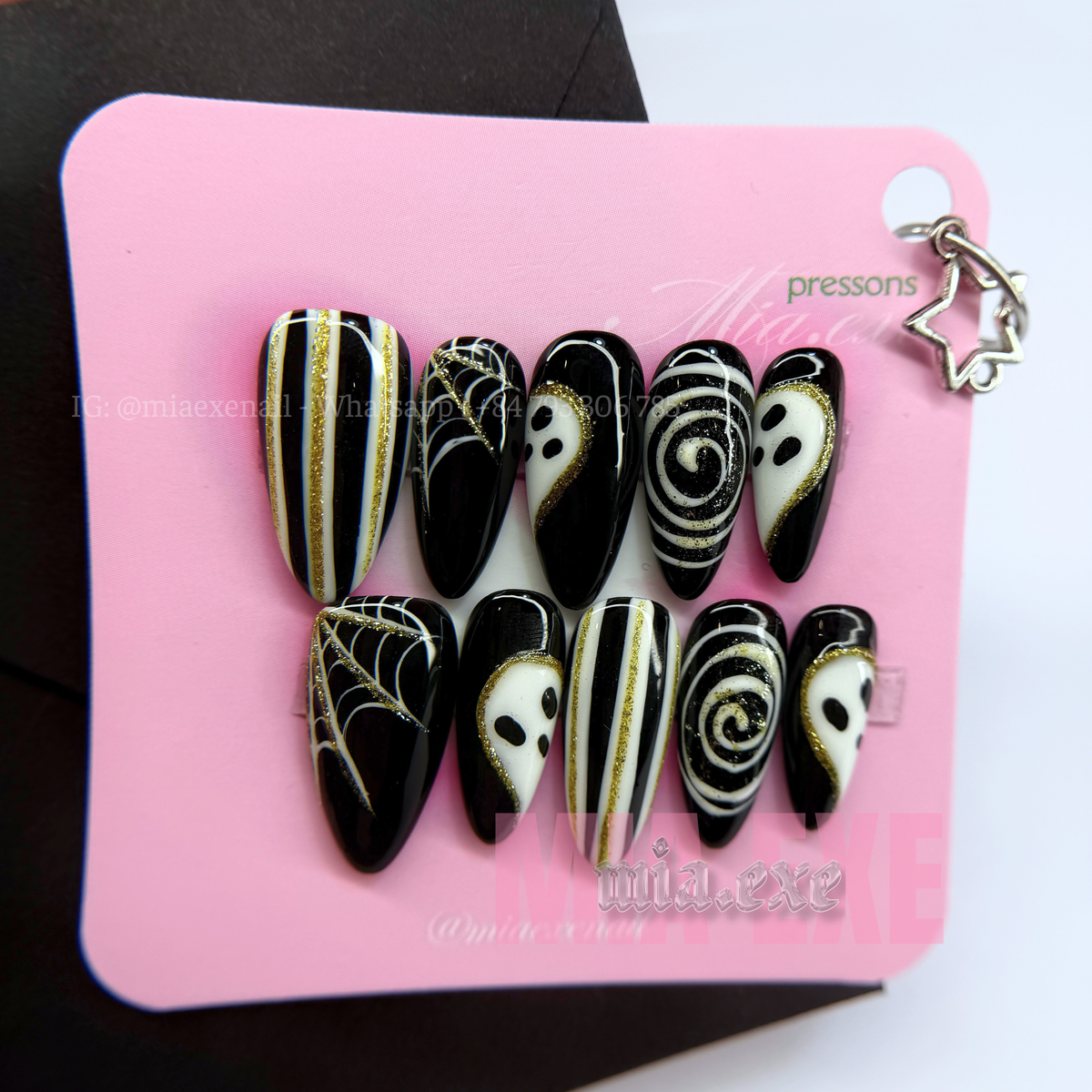 Press on Nails | Spooky Black & Gold Glitter Halloween Art, Medium Almond Shape, Luxury Handmade Fake Nails