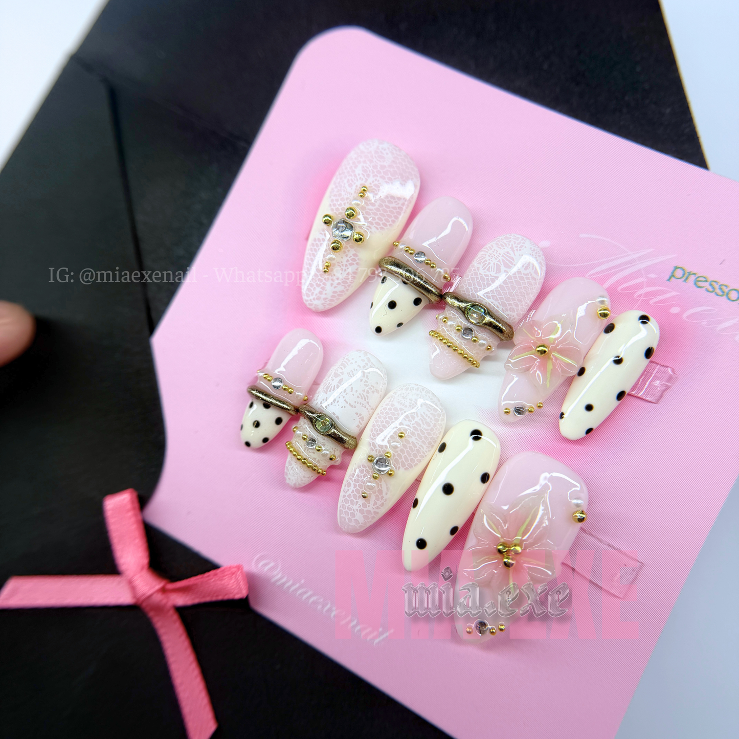 Press on Nails | White Lace Pattern with 3D Pink Bow & Pearl Accents, Daily Nail Style, Stiletto Shape, Medium Length Luxury Handmade Fake Nails