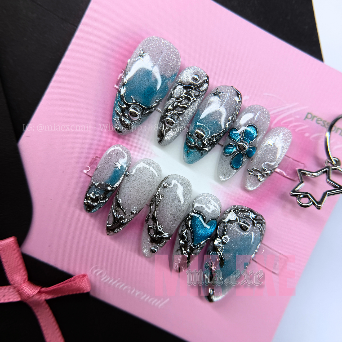 Press on Nails | Silver Cat Eye with Gothic Metal Art & Blue Gem Accents, Daily Nail Style, Almond Shape, Medium Length Luxury Handmade Fake Nails
