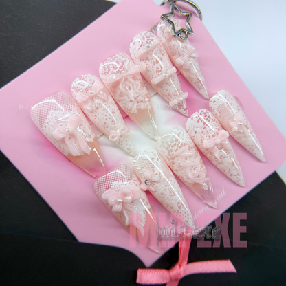 Press on Nails | White Lace Pattern with 3D Pink Bow & Pearl Accents, Daily Nail Style, Stiletto Shape, Medium Length Luxury Handmade Fake Nails