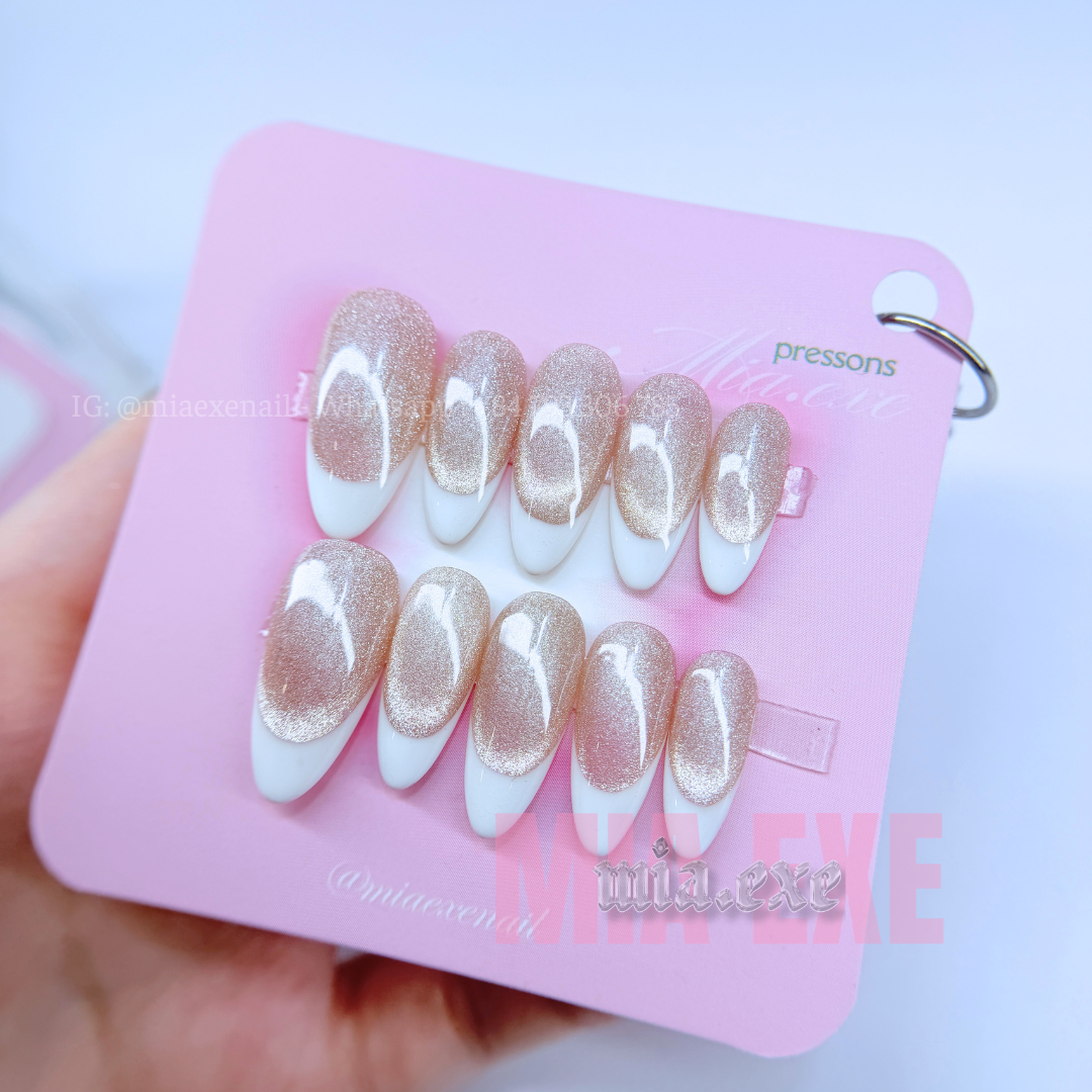 Press on Nails | Pink & Peach Cat Eye with Shimmering Magnetic Glow, Daily Nail Style, Almond Shape, Medium Length Luxury Handmade Fake Nails