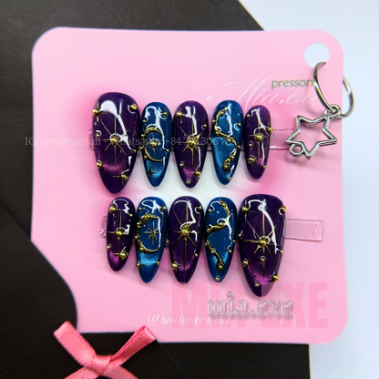 Press on Nails | Purple & Blue Cat Eye with Celestial Star & Moon Accents, Daily Nail Style, Stiletto Shape, Medium Length Luxury Handmade Fake Nails