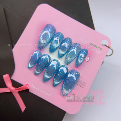 Press on Nails | Ocean Blue Cat Eye with Shimmering Magnetic Glow, Daily Nail Style, Almond Shape, Medium Length Luxury Handmade Fake Nails