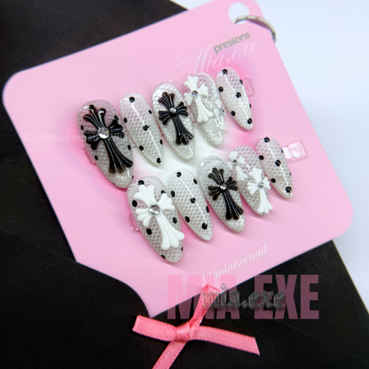 Press on Nails | Black & White Lace with 3D Gothic Cross Charms, Daily Nail Style, Stiletto Shape, Medium Length Luxury Handmade Fake Nails