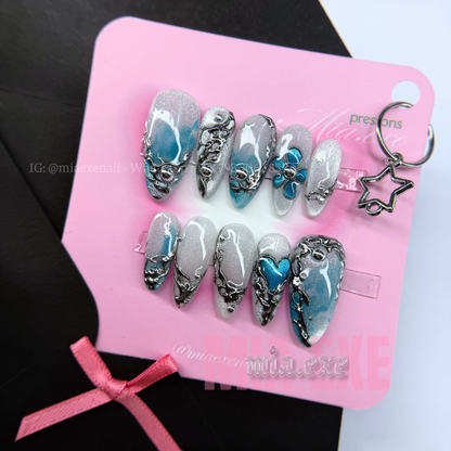 Press on Nails | Silver Cat Eye with Gothic Metal Art & Blue Gem Accents, Daily Nail Style, Almond Shape, Medium Length Luxury Handmade Fake Nails