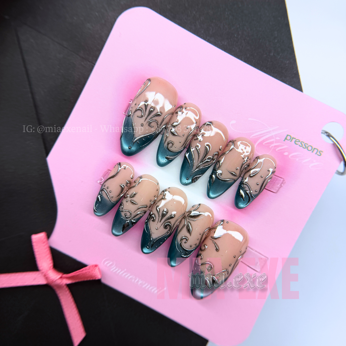 Press on Nails | Teal Cat Eye with Metallic Scroll Art, Daily Nail Style, Almond Shape, Medium Length Luxury Handmade Fake Nails