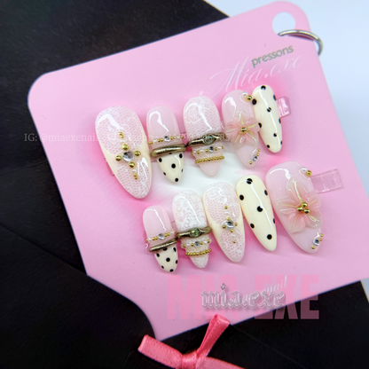 Press on Nails | White Lace Pattern with 3D Pink Bow & Pearl Accents, Daily Nail Style, Stiletto Shape, Medium Length Luxury Handmade Fake Nails