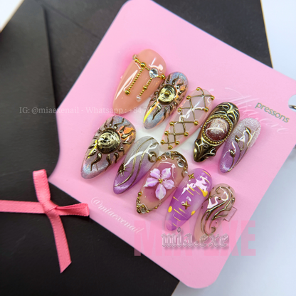 Press on Nails | Sun & Shimmer Cat Eye with Gold Charm & Mesh Art, Daily Nail Style, Stiletto Shape, Medium Length Luxury Handmade Fake Nails
