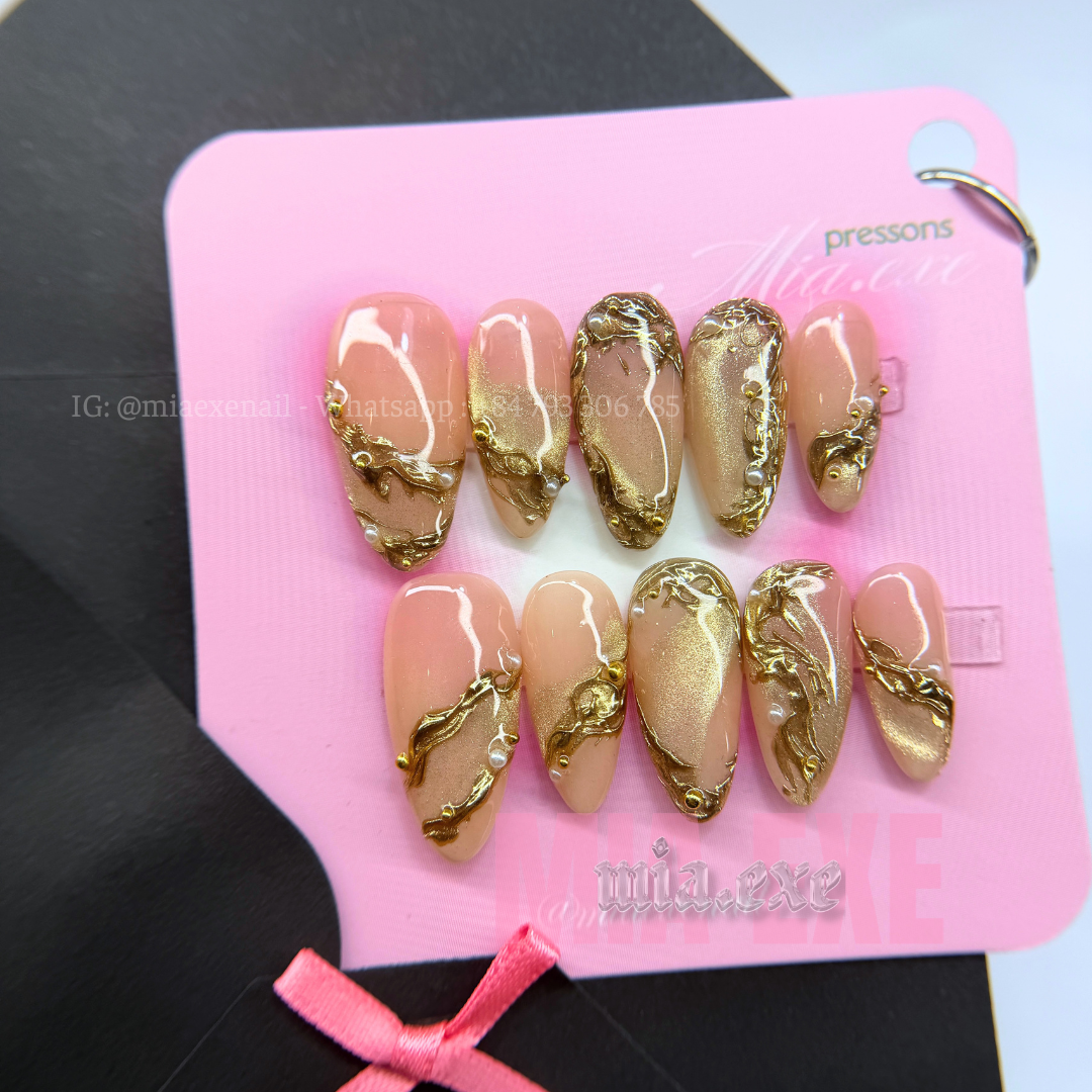 Press on Nails | Nude Cat Eye with Gold Swirl Lines & Pearl Accents, Daily Nail Style, Almond Shape, Medium Length Luxury Handmade Fake Nails