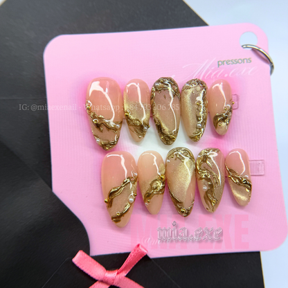Press on Nails | Nude Cat Eye with Gold Swirl Lines & Pearl Accents, Daily Nail Style, Almond Shape, Medium Length Luxury Handmade Fake Nails