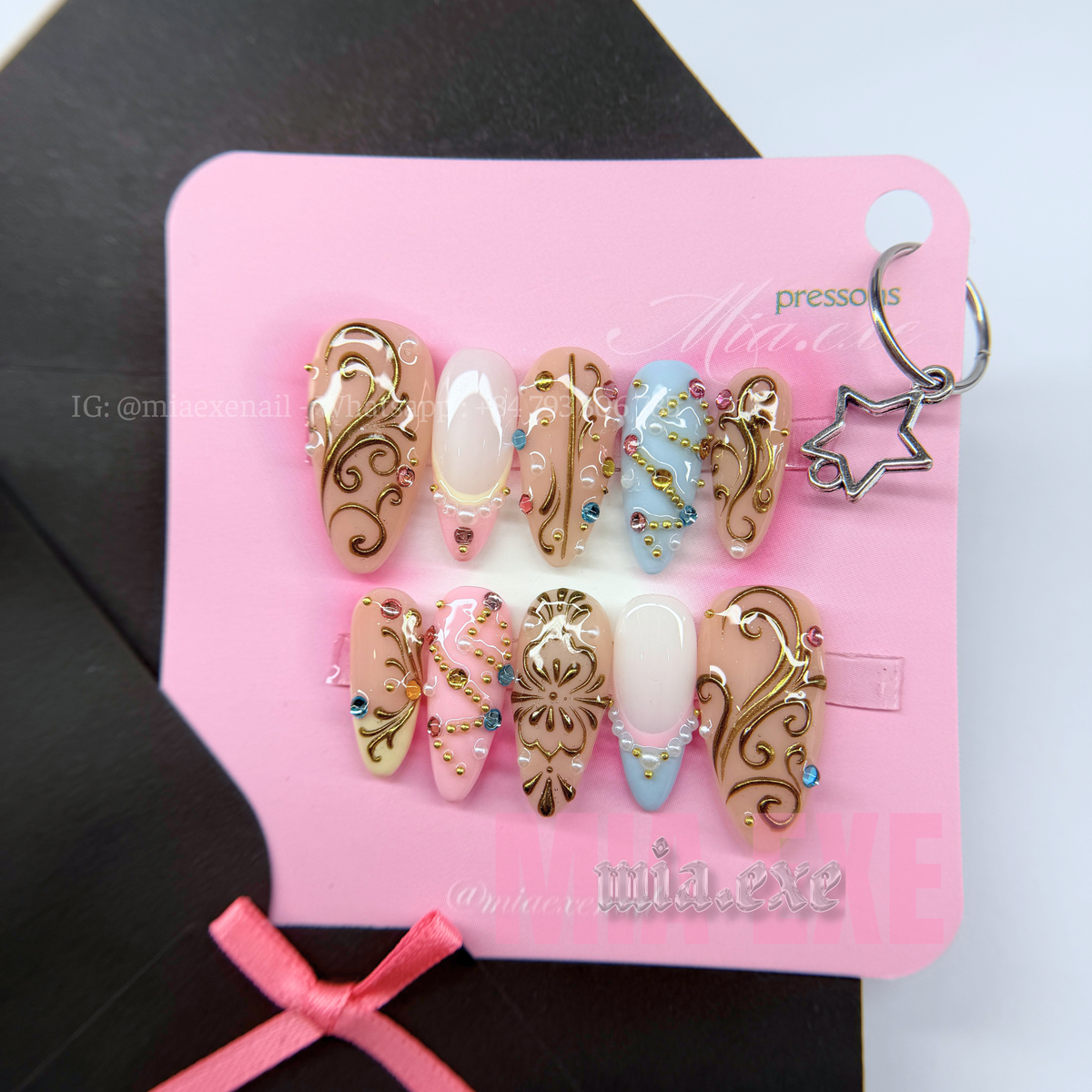 Press on Nails | Pastel & Shimmer Cat Eye with Gold Chain & Gem Accents, Daily Nail Style, Almond Shape, Medium Length Luxury Handmade Fake Nails